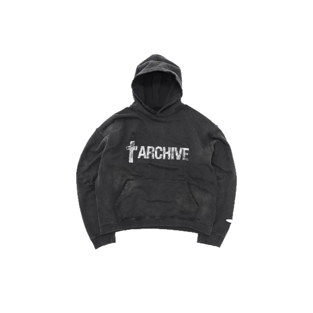 Archive Black Distressed Oversized Hooded Sweatshirt