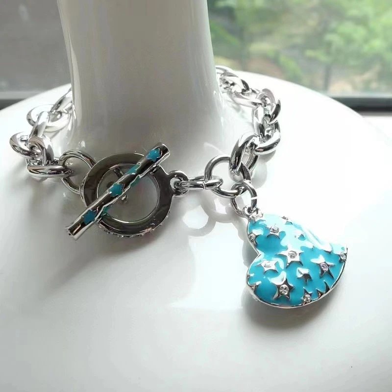 Silver Tone Chain Bracelet Turquoise Enamel Heart Charm with Star Rhinestones