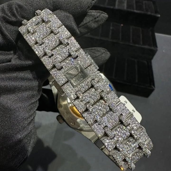 Luxury Ice Out Diamond Encrusted Silver Chronograph Watch