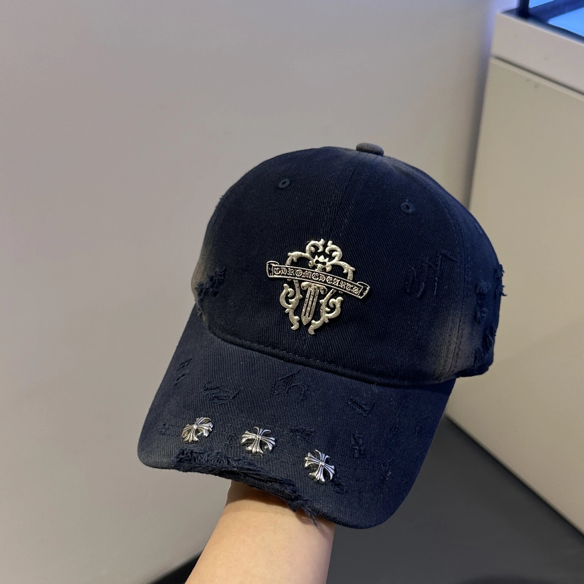Chrome Hearts Black Distressed Embroidered Baseball Cap