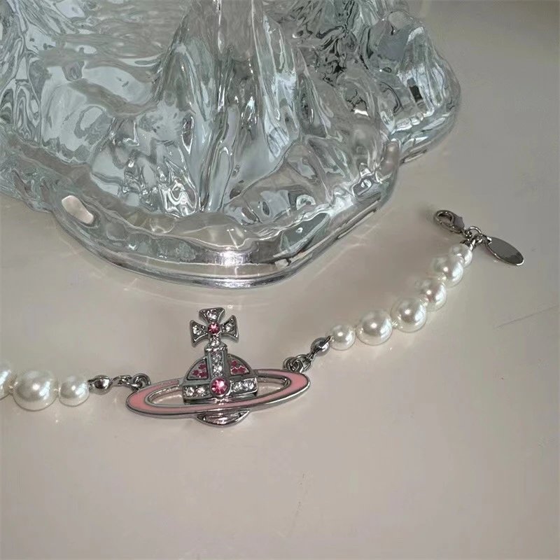 Vivienne Westwood Orb Pink Enamel Pearl Bracelet