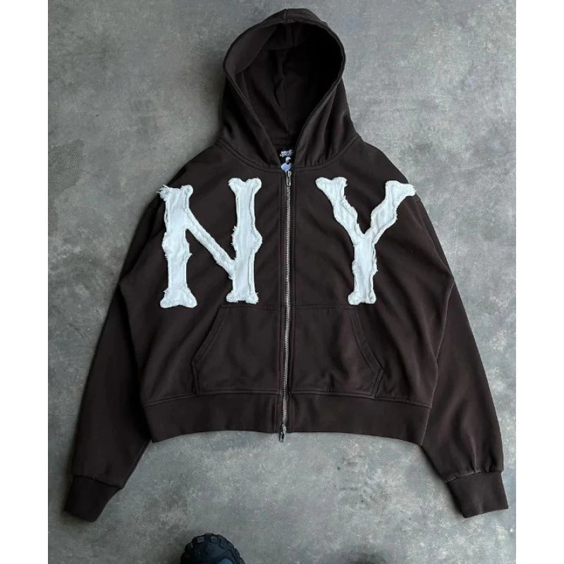 Unbranded Hoodies & Sweatshirts Full-Zip Hooded Sweatshirt with NY Letter Appliqué — Brown (customized)