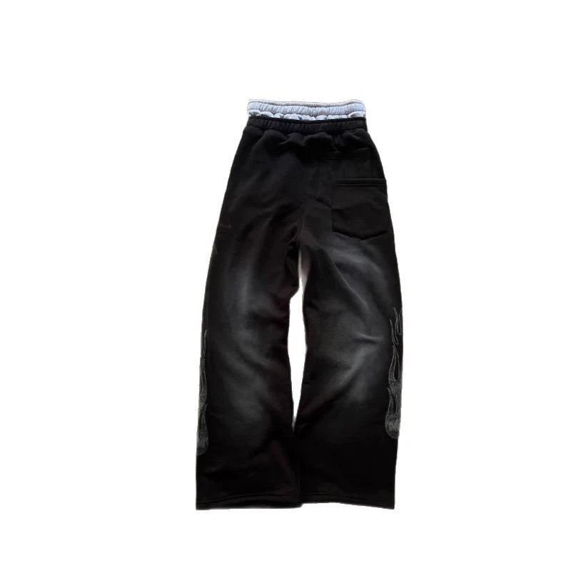 Black Sweatpants with Gray Flame Print Casual Joggers