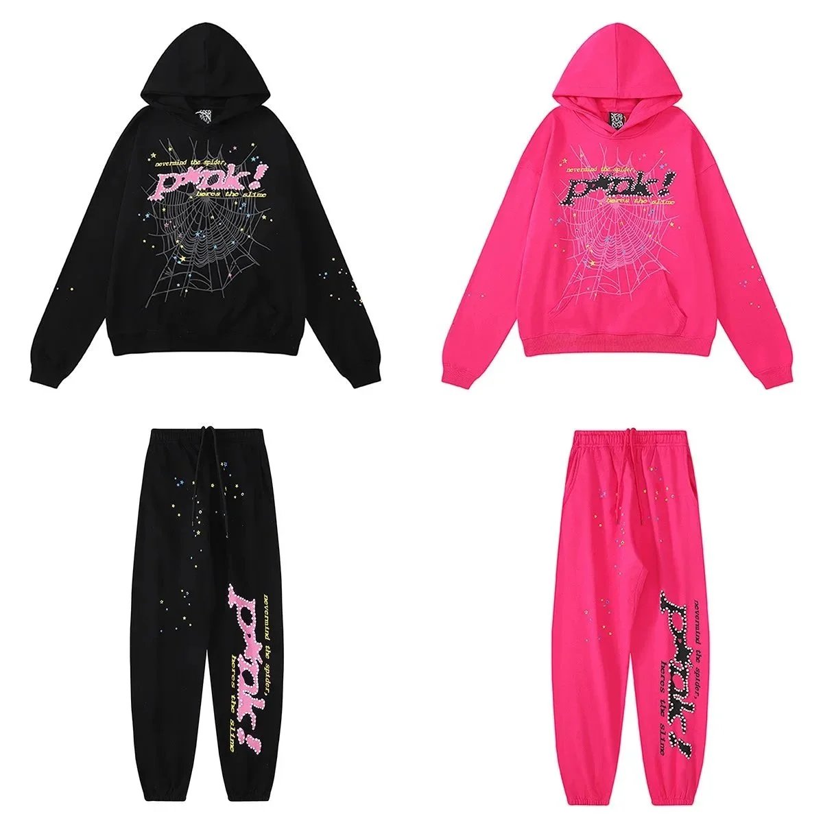 Spider Web Print Hooded Sweatshirt And Jogger Set Multicolor Streetwear