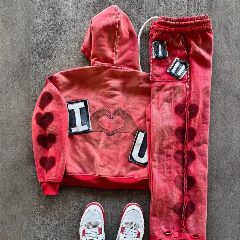 Cotton Hoodie Red Vintage I Heart U Graphic Sweatshirt