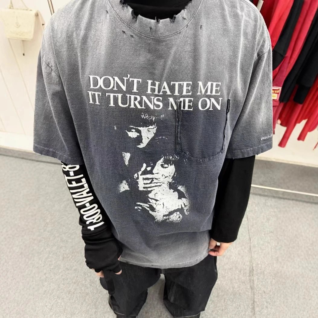 Distressed Gray Graphic Print Oversized T-Shirt