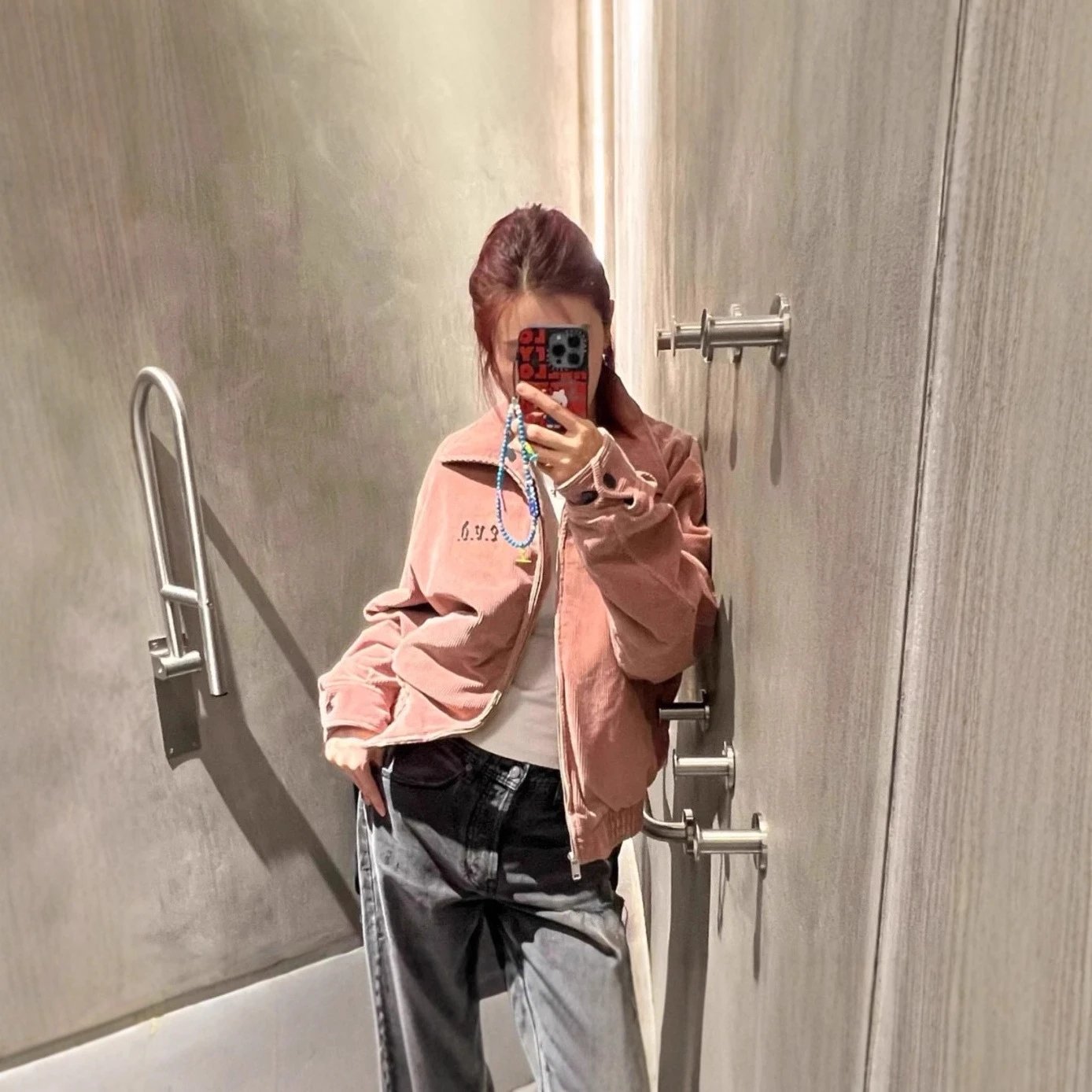 Corduroy Jacket Pink Graphic Print Oversized Bomber