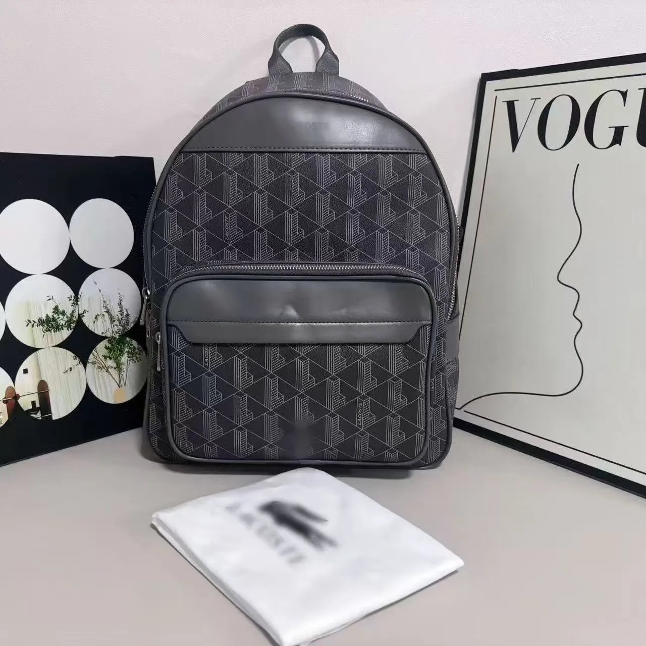 Lacoste Backpacks Geometric Monogram Backpack with Front Zip Pocket — gray