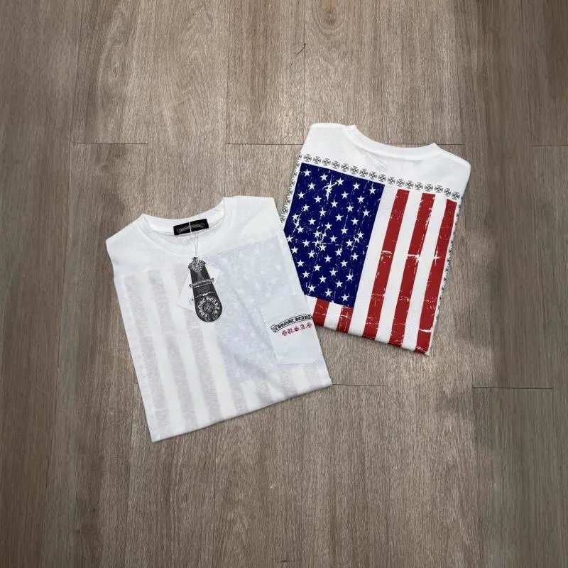 Chrome Hearts White Distressed American Flag Graphic T-Shirt