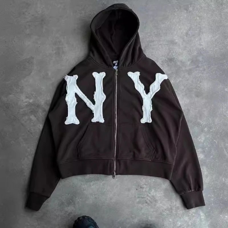 Unbranded Hoodies & Sweatshirts Full-Zip Hooded Sweatshirt with NY Letter Appliqué image 2