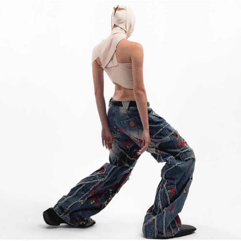 Denim Wide Leg Pants Dark Blue Embroidered Floral Distressed