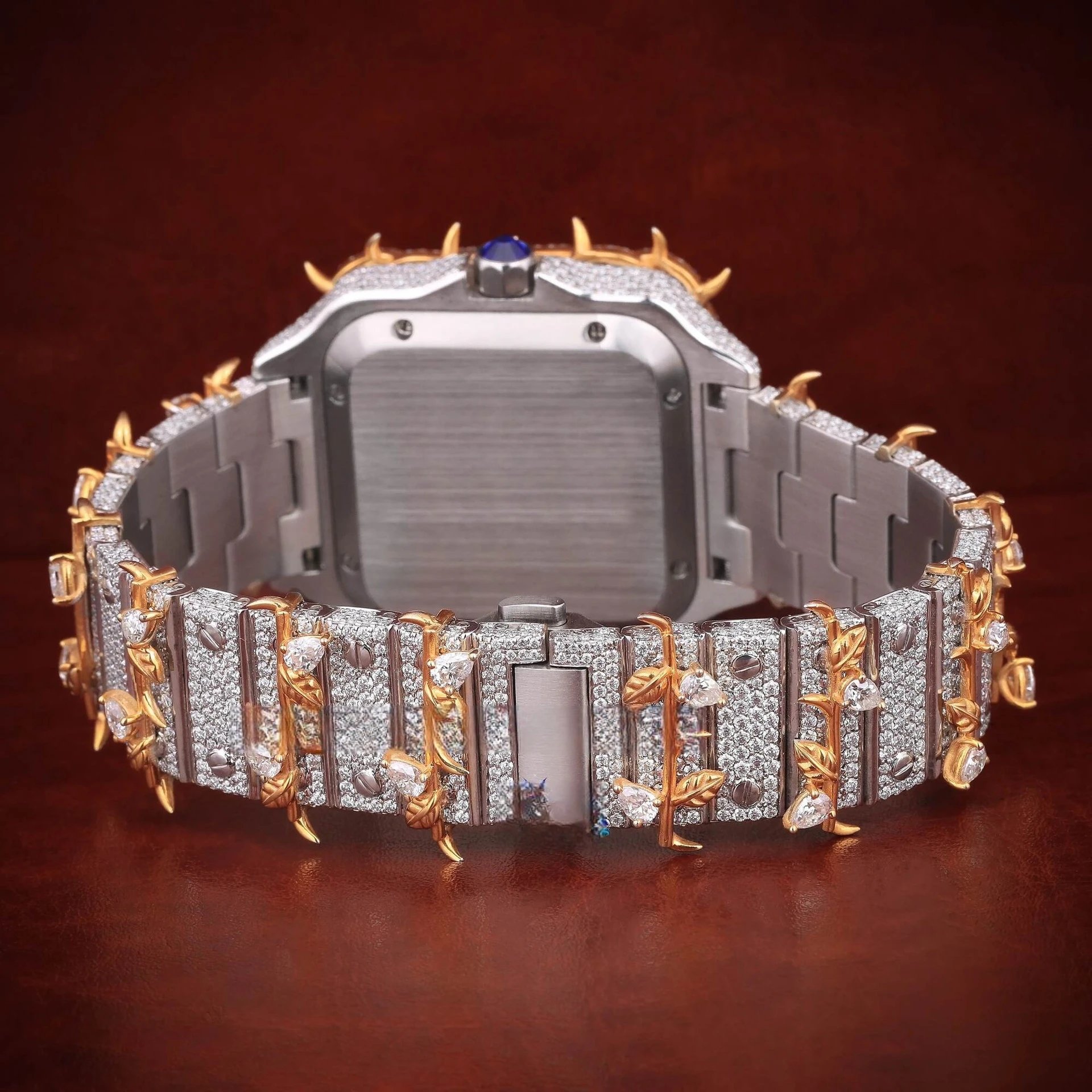 Luxury Square Dial Diamond Encrusted Gold Thorn Motif Automatic Watch