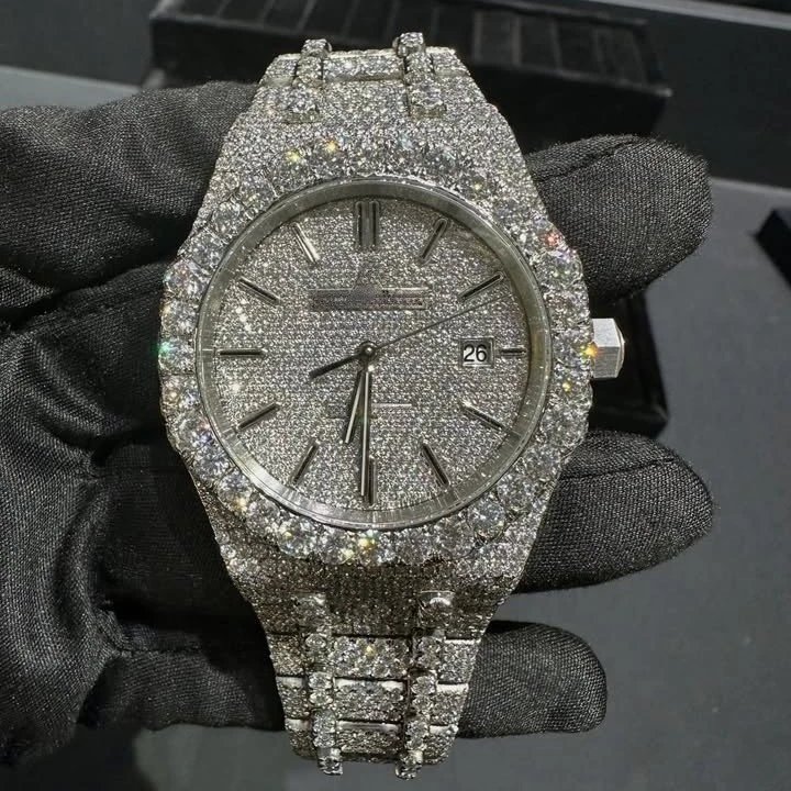 Luxury Ice Out Diamond Encrusted Silver Chronograph Watch