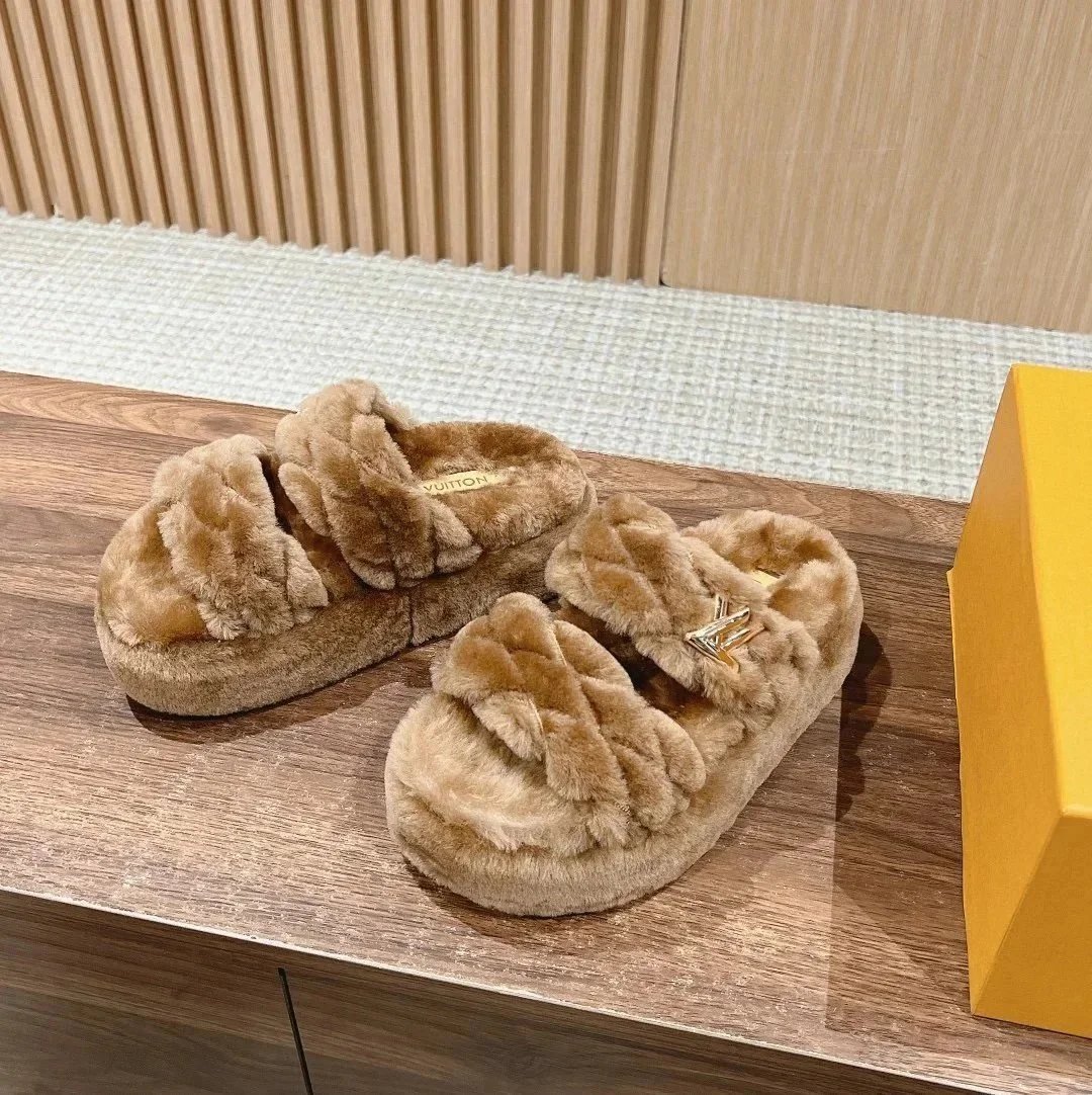 Louis Vuitton Slippers Fur braided double-strap slide with LV hardware — brown double belt