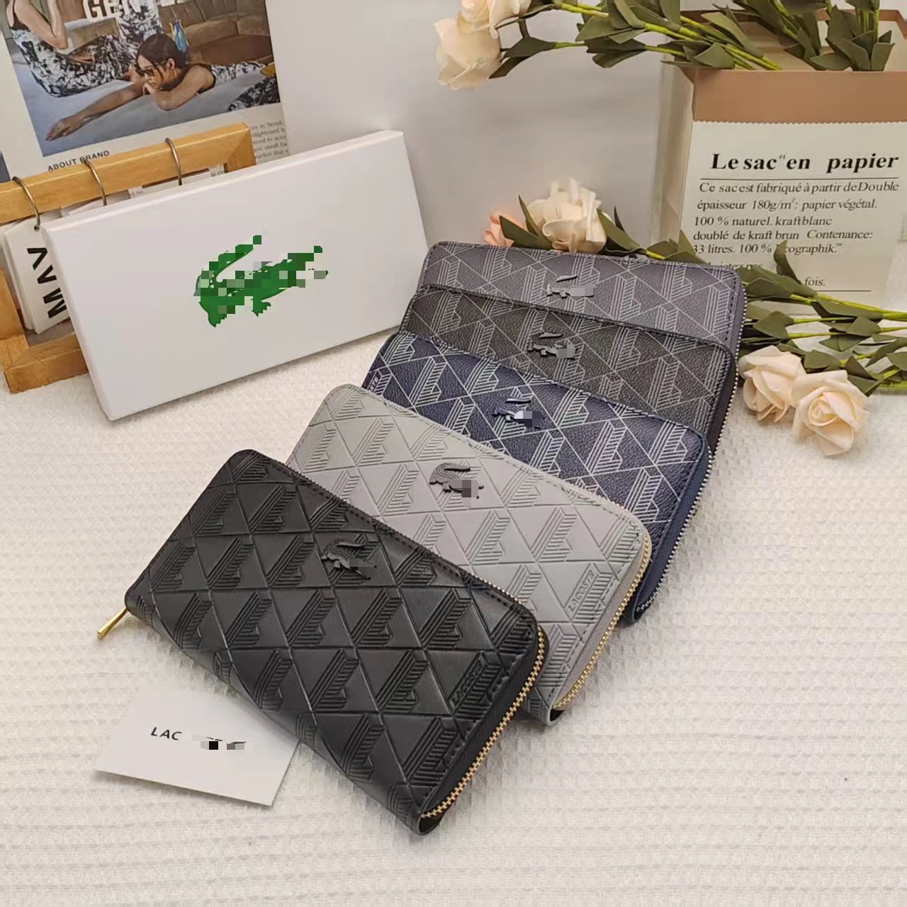 Lacoste Wallet Black Geometric Embossed Zipper Wallet