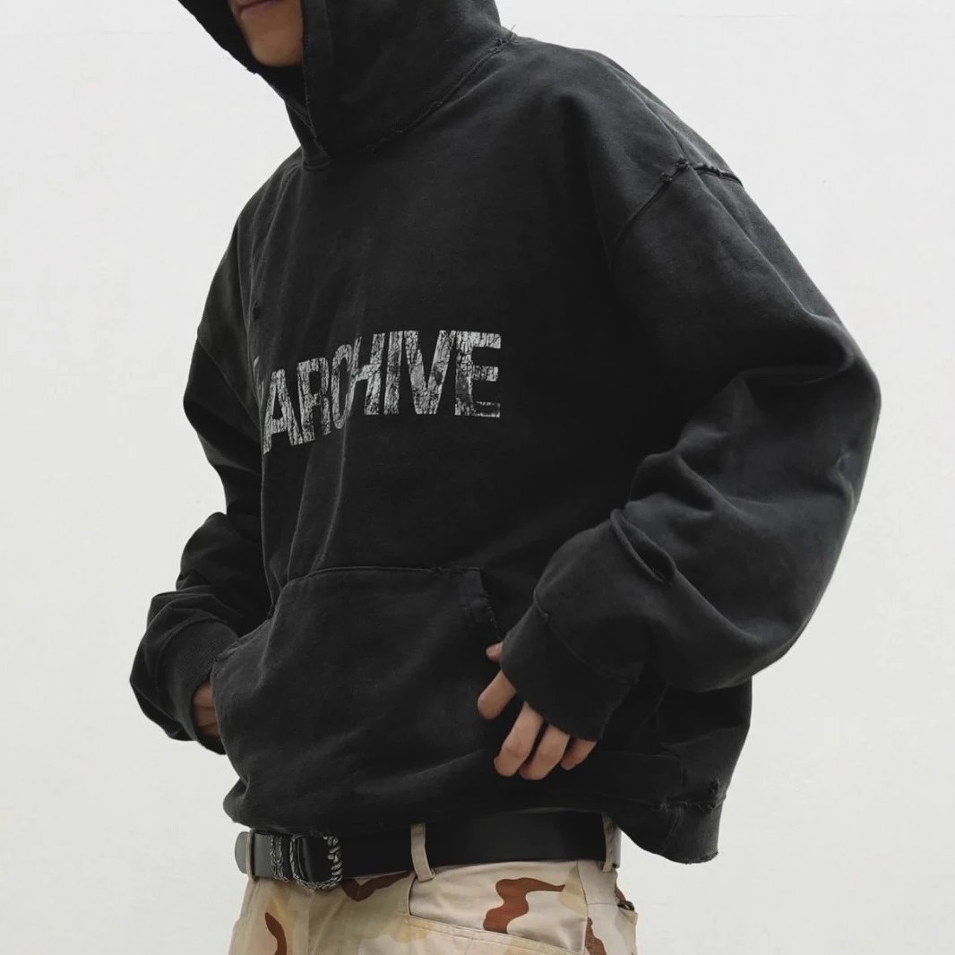 Archive Black Distressed Oversized Hooded Sweatshirt
