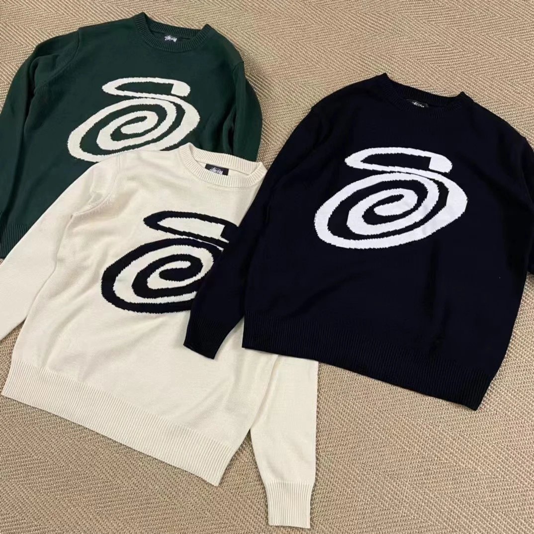 Stussy Spiral Logo Green Cream Navy Crewneck Sweater