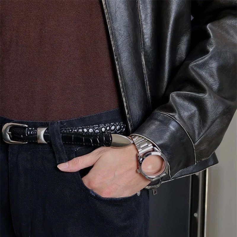 Black Croc-Embossed Leather Belt Silver Buckle Casual Accessory