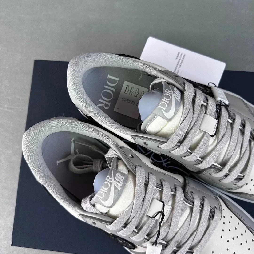 Dior X Nike Air Jordan 1 Grey White Oblique Pattern High Top Sneakers