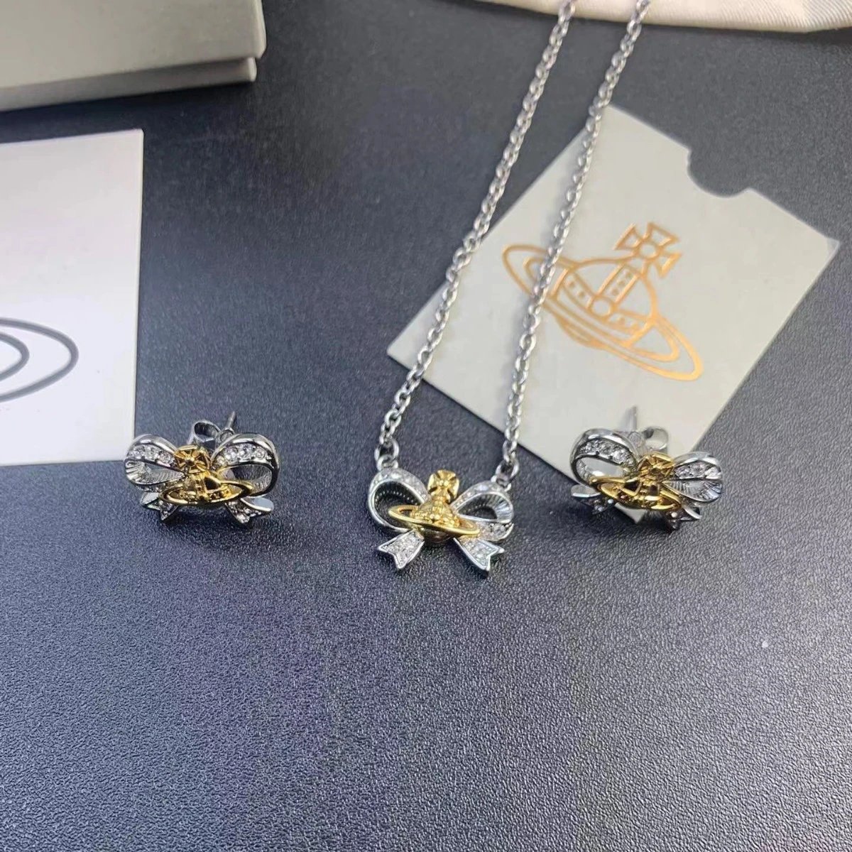 Vivienne Westwood Orb Bow Silver Gold Crystal Jewelry Set