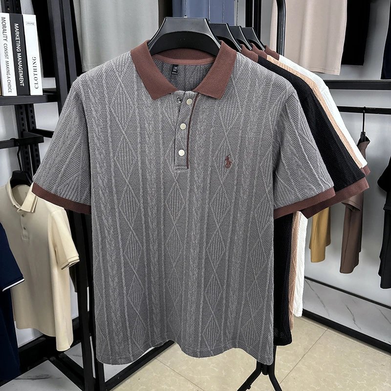 Polo Ralph Lauren Shirts Short-Sleeve Cable-Knit Shirt with Contrast Collar — gray