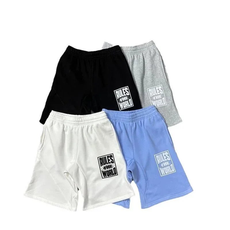 Rules The World Logo Print Black White Gray Blue Casual Shorts