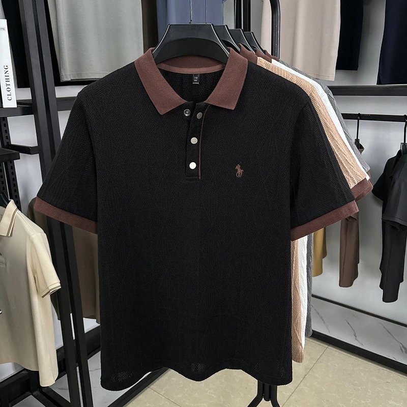 Polo Ralph Lauren Shirts Short-Sleeve Cable-Knit Shirt with Contrast Collar — Black