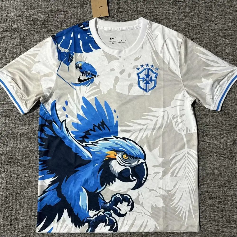 CBF Football Jerseys Brazil graphic jersey — 2526 Brazilian White Blue Parrot T