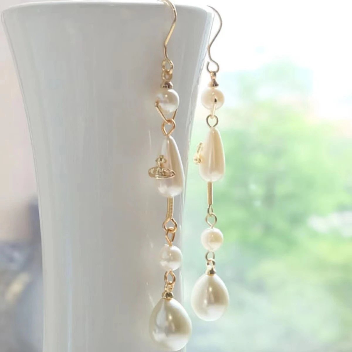 Gold-Tone Pearl Drop Earrings Cream White Elegant Dangling Earrings