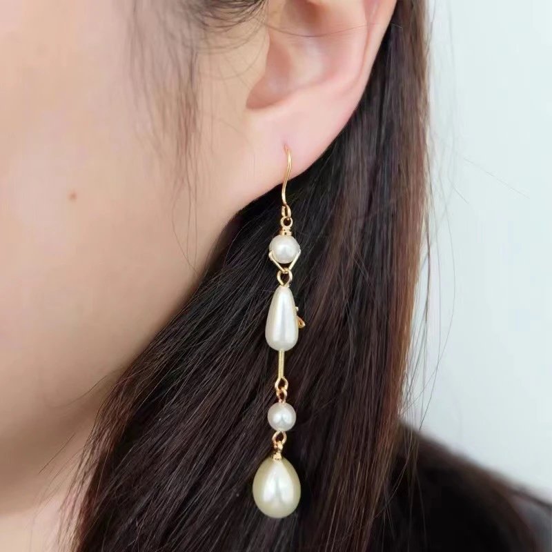 Gold-Tone Pearl Drop Earrings Cream White Elegant Dangling Earrings