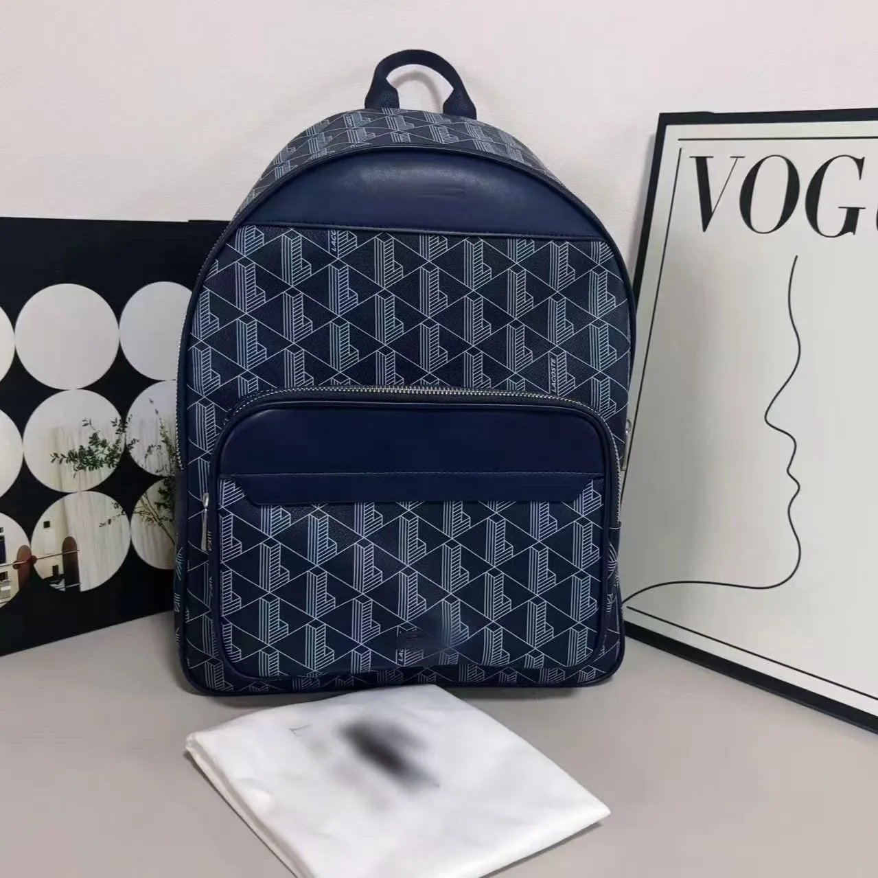 Lacoste Backpacks Geometric Monogram Backpack with Front Zip Pocket — Blue
