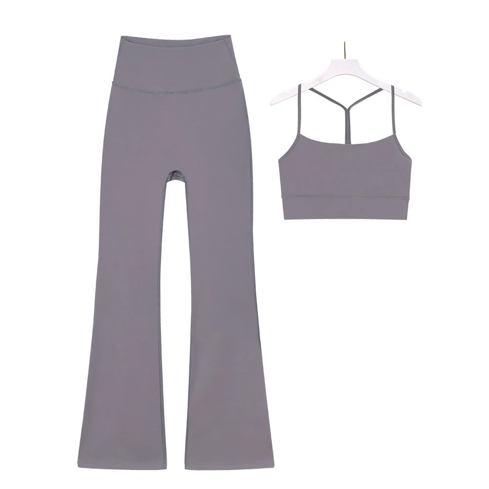 Blue High-Waisted Flared Yoga Leggings and Strappy Sports Bra Set