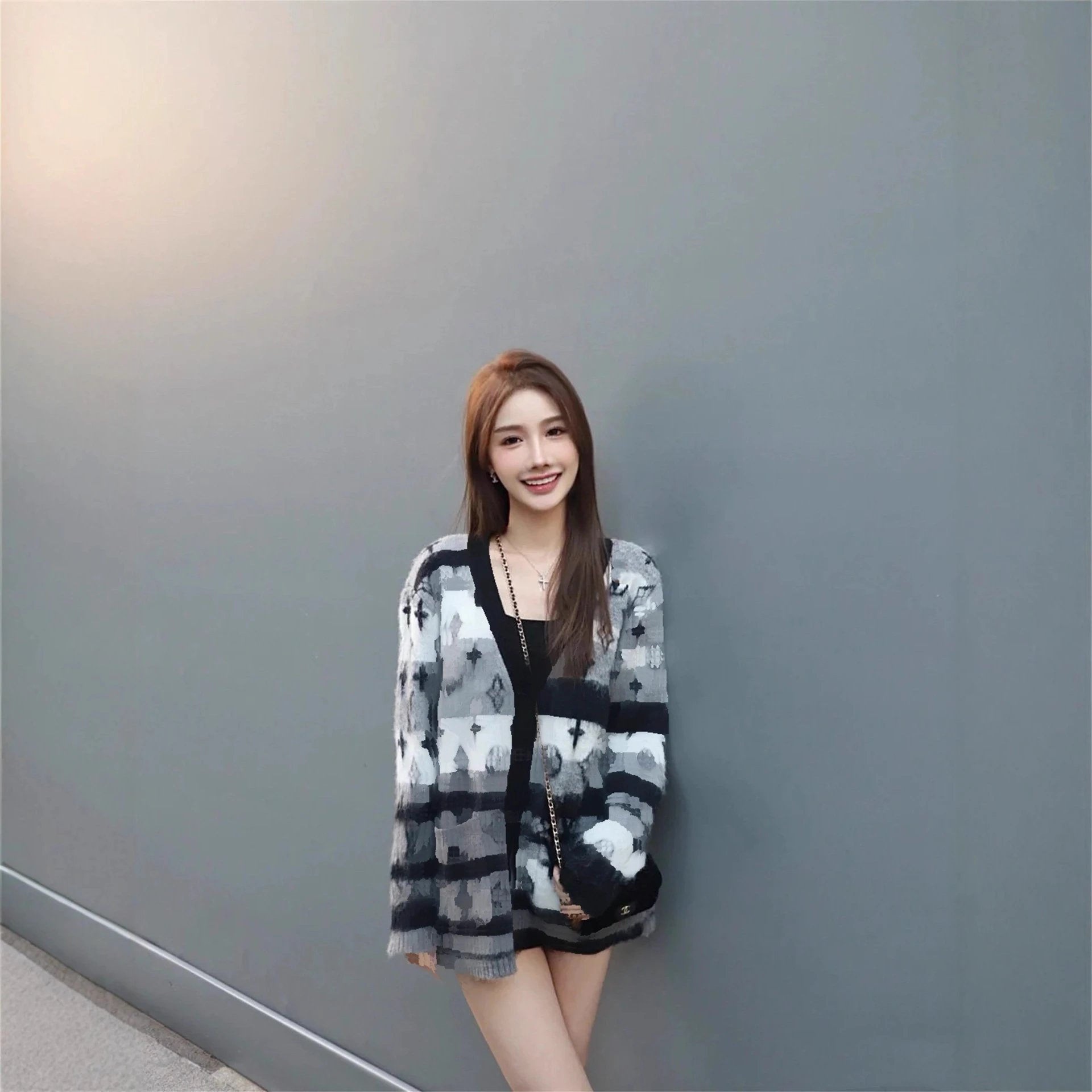 Louis Vuitton Monogram Gray Black Knit Cardigan Sweater