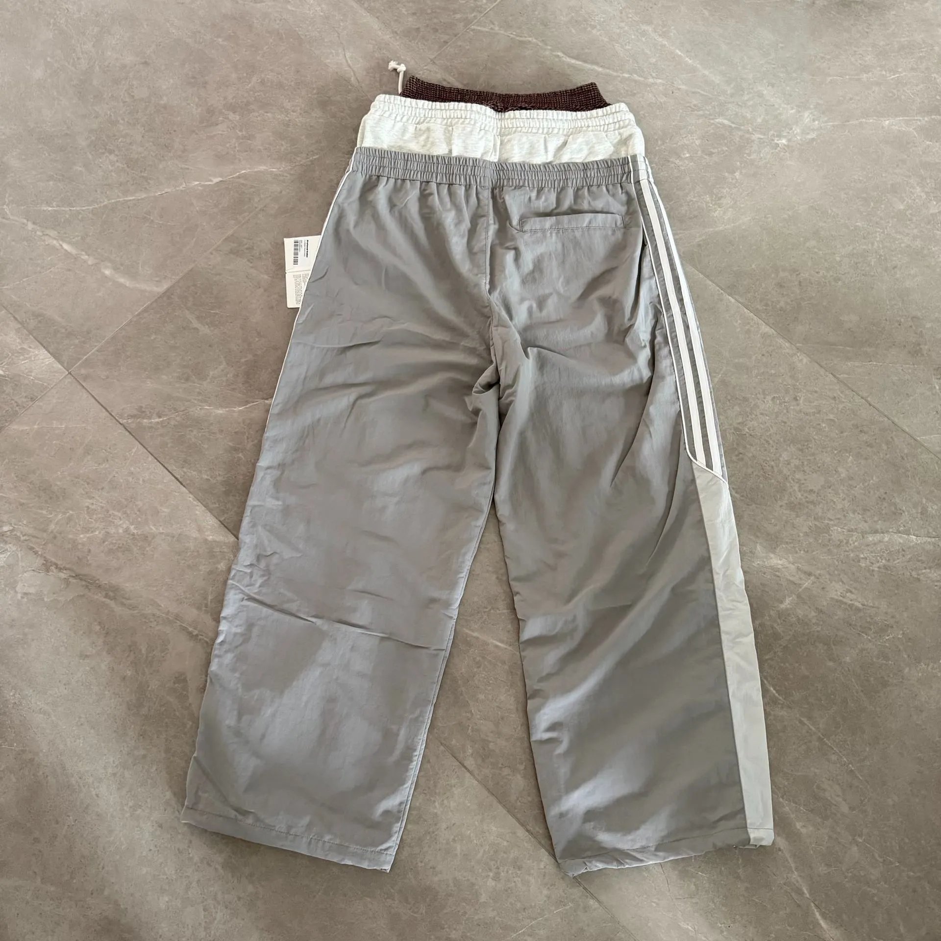 Black Track Pants with White Side Stripes and Burgundy Waistband