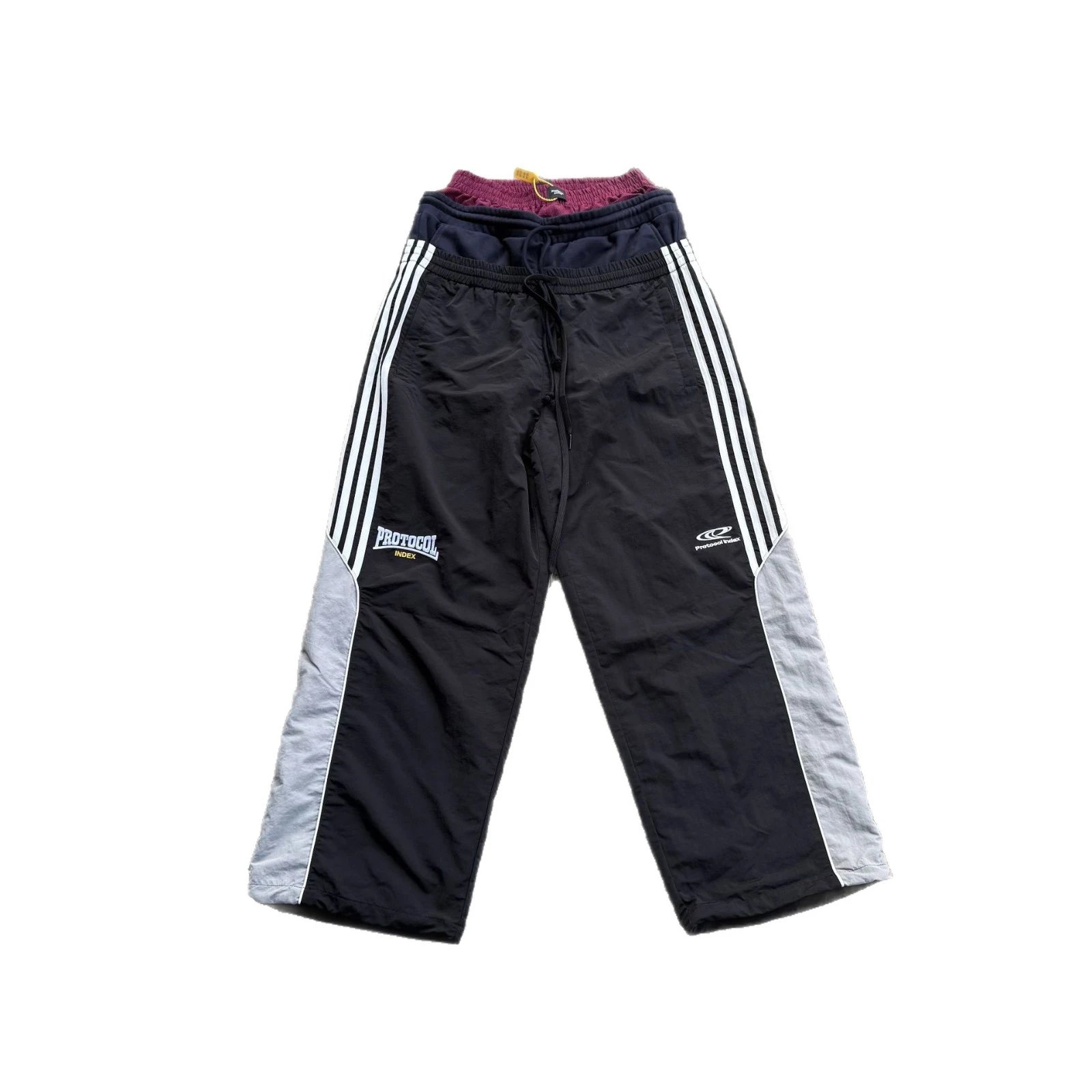Black Track Pants with White Side Stripes and Burgundy Waistband