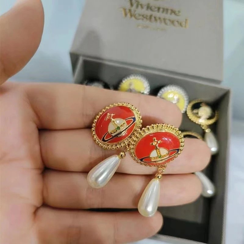 Vivienne Westwood Red Gold-Tone Orb Pearl Drop Earrings