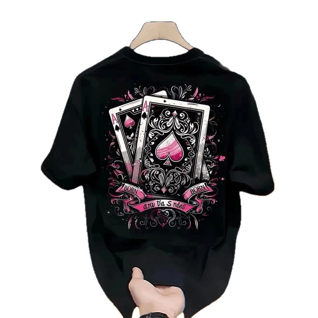 Black Cotton T-Shirt With Poker Card Graphic Streetwear
