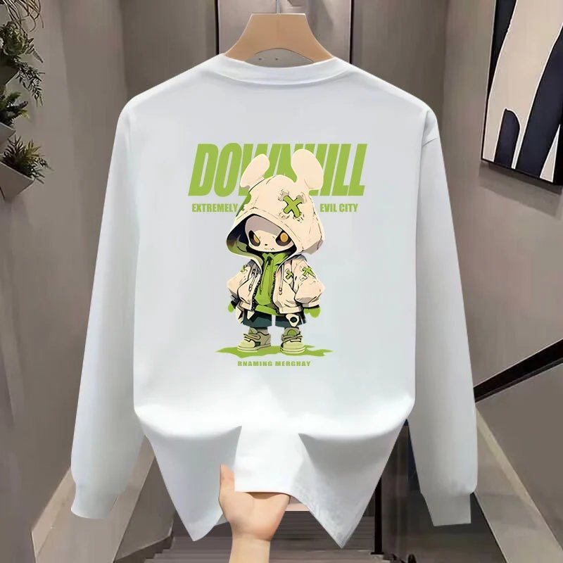 Black Long Sleeve Crewneck T-Shirt with Green Cartoon Graphic Print