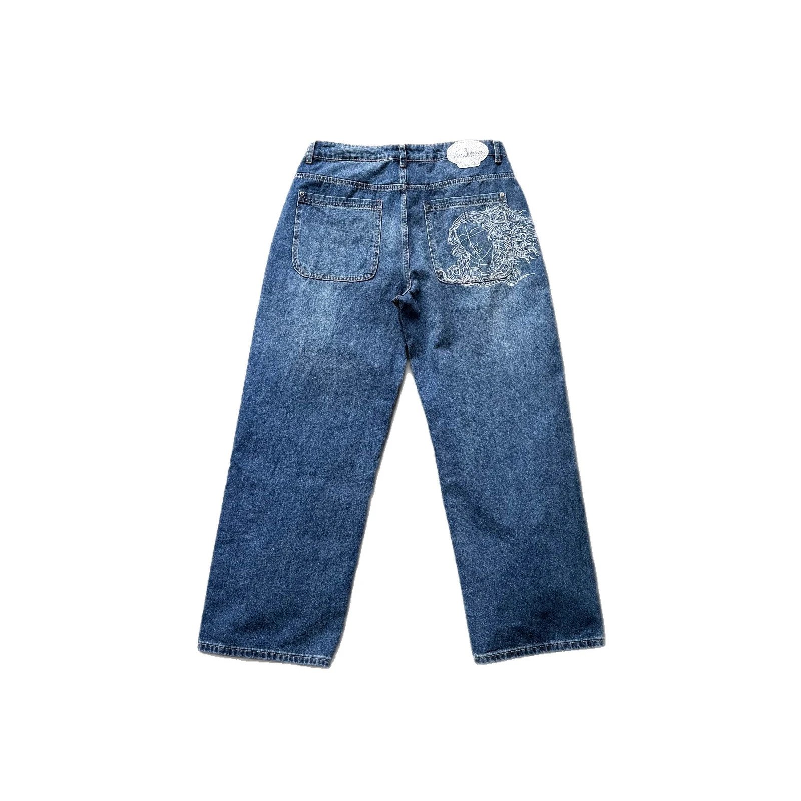 Denim Jeans Blue Embroidered Pocket Wide Leg