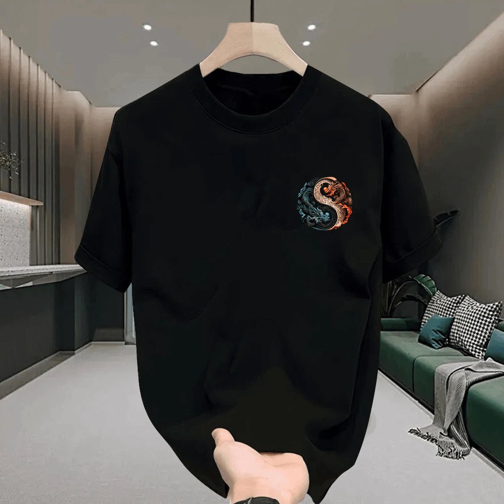 Black Graphic T-Shirt Yin Yang Dragon Print Streetwear