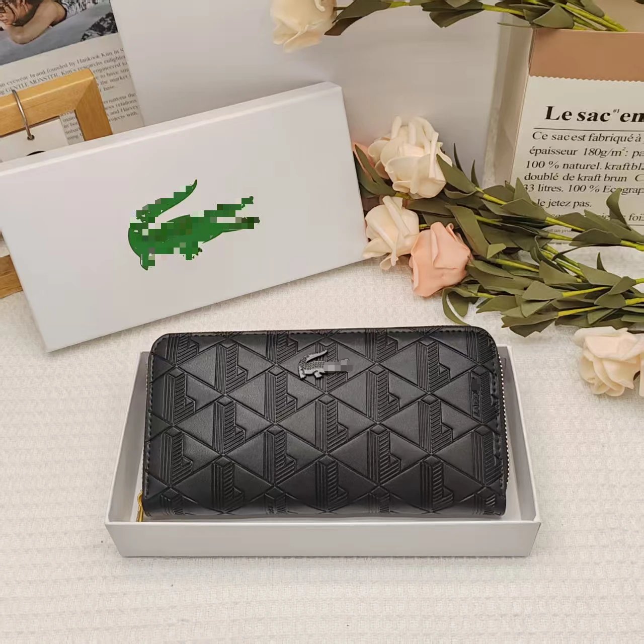 Lacoste Wallet Black Geometric Embossed Zipper Wallet
