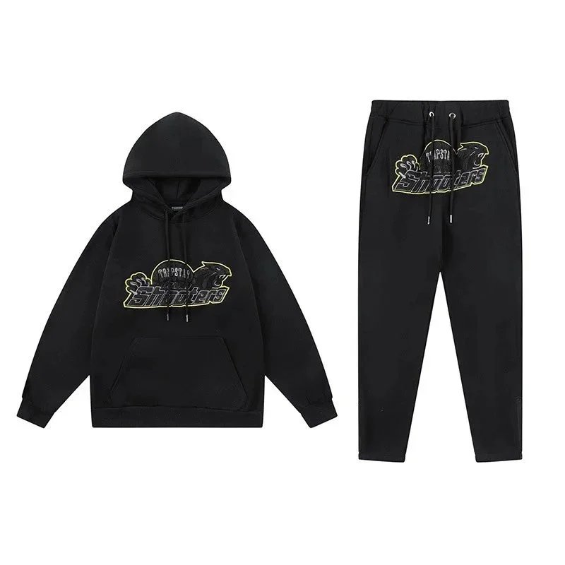 Black Hoodie And Jogger Set With Yellow Outline Graphic Logo