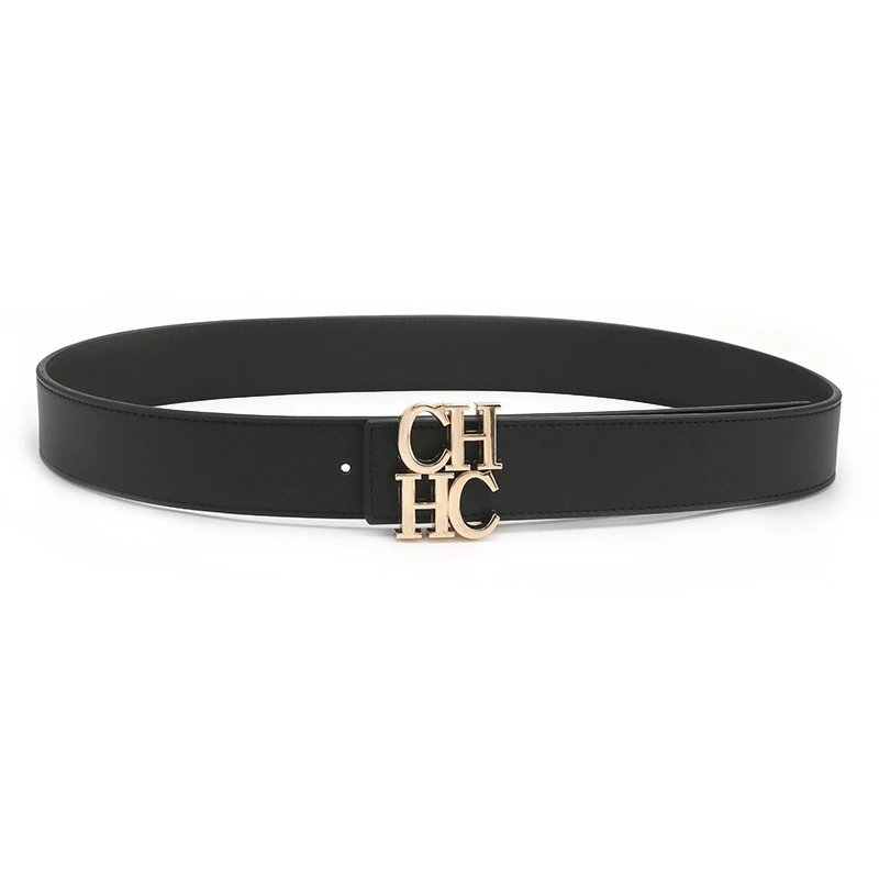 Carolina Herrera Belts CH monogram buckle pebbled belt — Flat black/coffee gold buckle