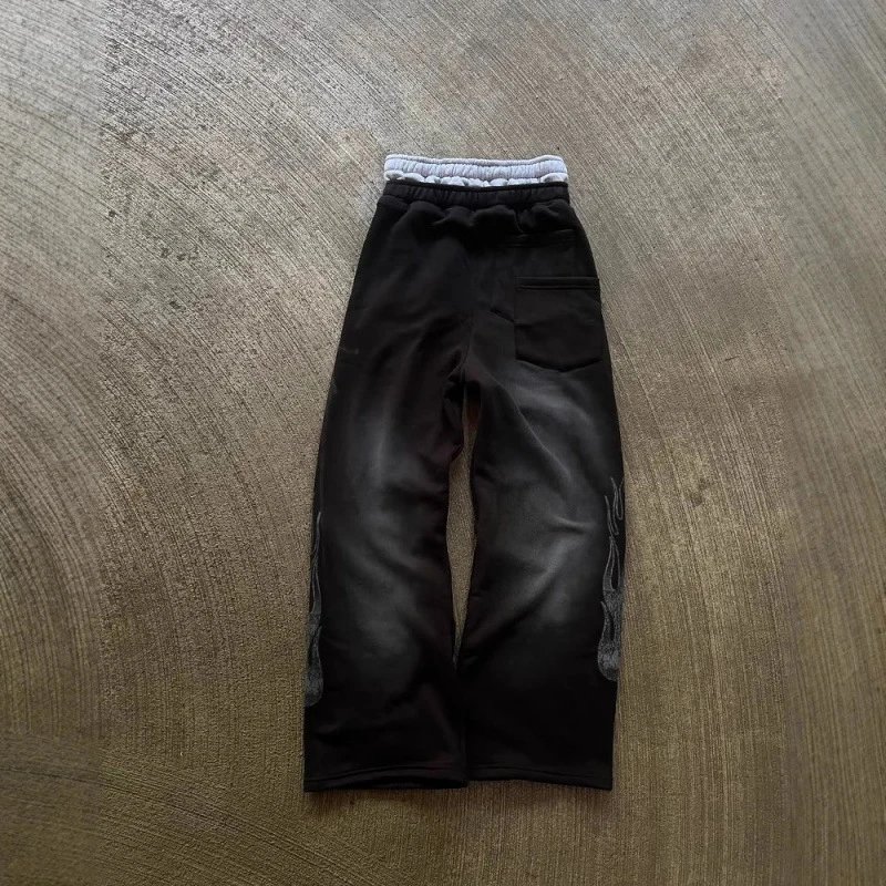 Black Sweatpants with Gray Flame Print Casual Joggers