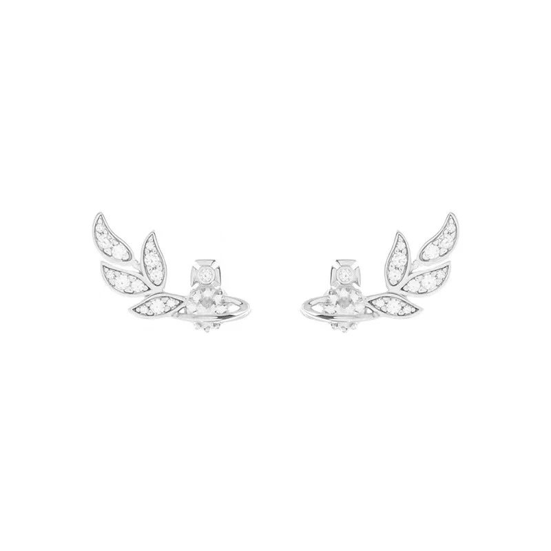 Silver Leaf Design Crystal Stud Earrings