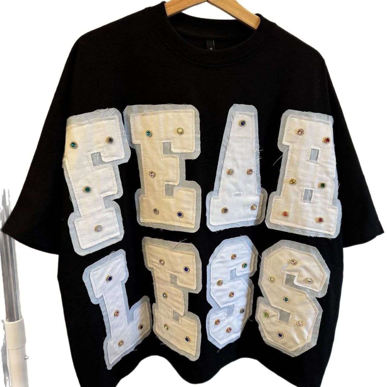 Black Oversized Sweatshirt With Embellished White Letter Patches