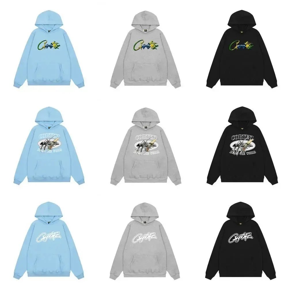 Corteiz Hooded Sweatshirt Light Blue Gray Black Graphic Streetwear