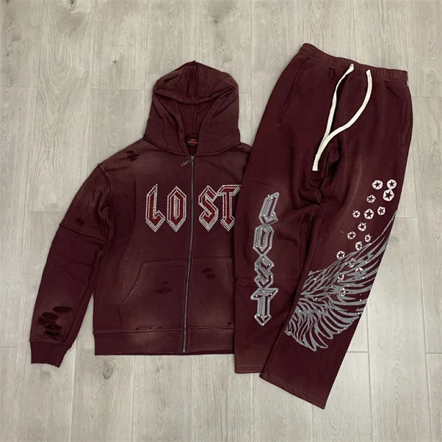 Lost Tracksuits Rhinestone Logo Distressed Zip-Up Hoodie and Jogger Set product detail image 3