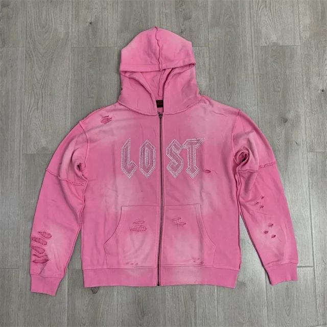 Lost Tracksuits Rhinestone Logo Distressed Zip-Up Hoodie and Jogger Set product detail image 19