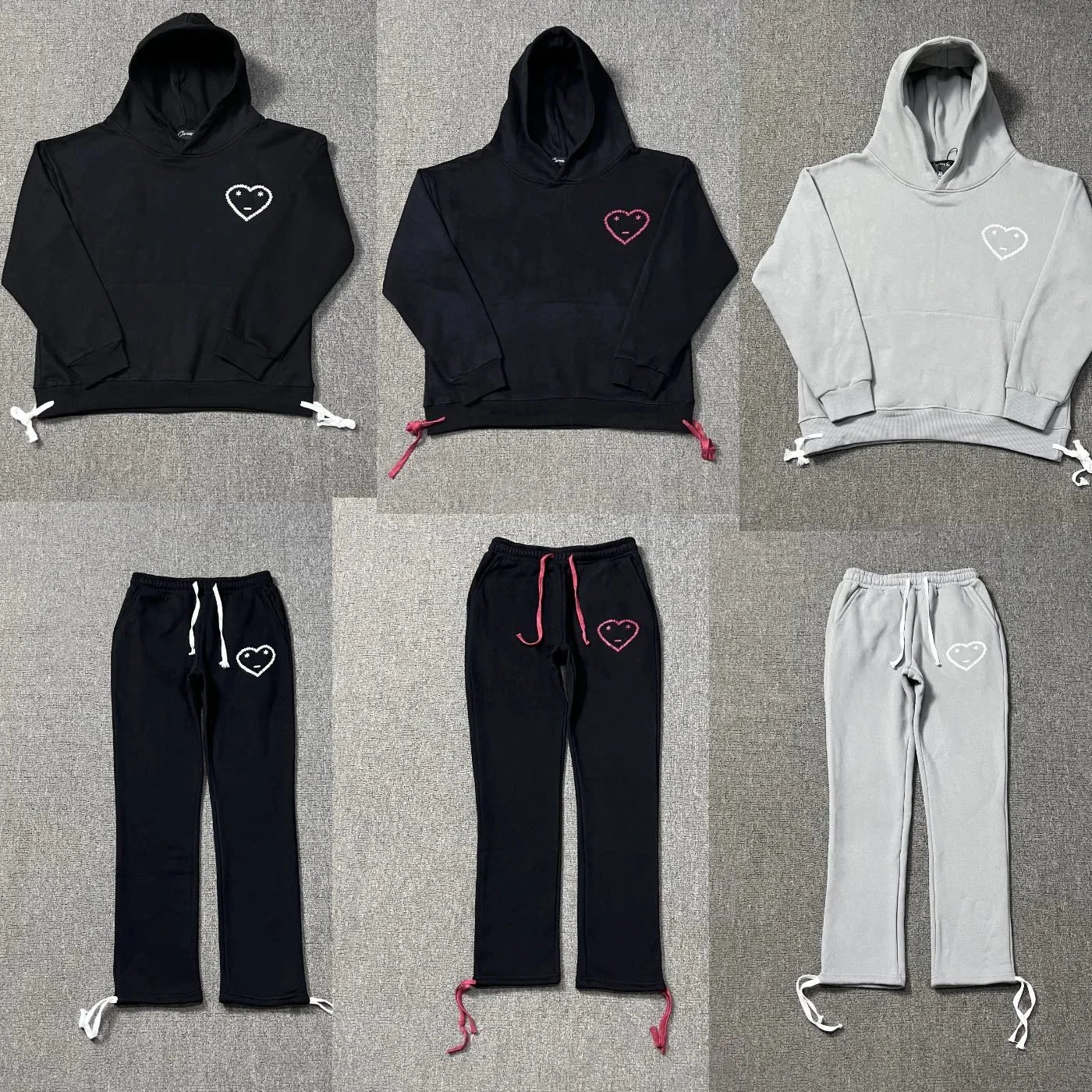 Heart Embroidery Black Gray Hooded Sweatshirt And Jogger Set
